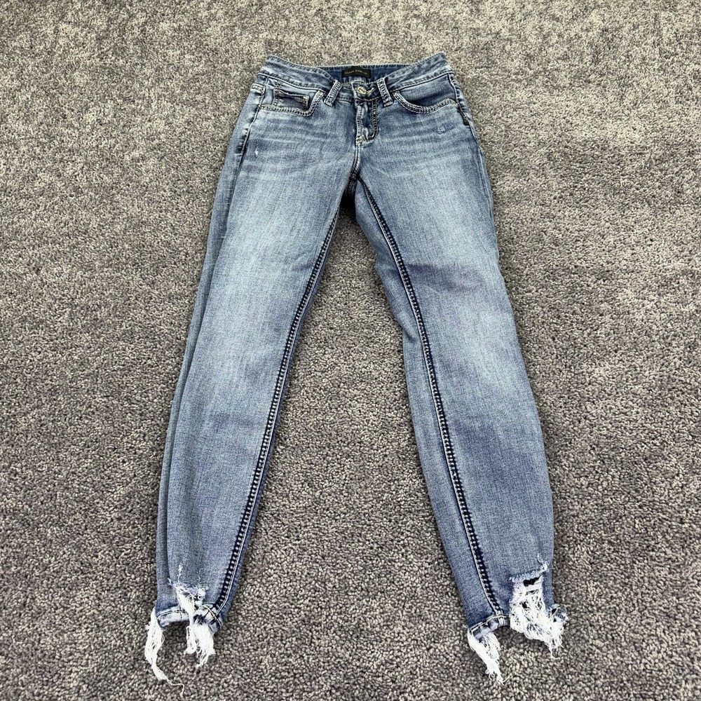 Silver Jeans Womens 25/27 Blue Suki Skinny Distressed Fringe Denim Medium Wash